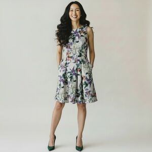 H&M Floral Sleeveless Fit-and-Flare Dress in Ivory, Purple and Green